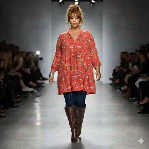 Size 4XL Orange and Blue Terra & Sky‎ Floral Long Sleeve Dress